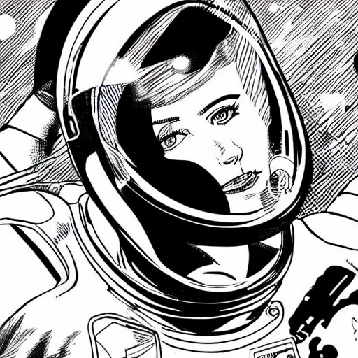 Image similar to clean simple line art of a woman floating in space. she is an astronaut, wearing a space suit. white background. well composed, clean black and white line drawing, beautiful detailed face. illustration by josan gonzalez and steve ditko and greg rutkowski