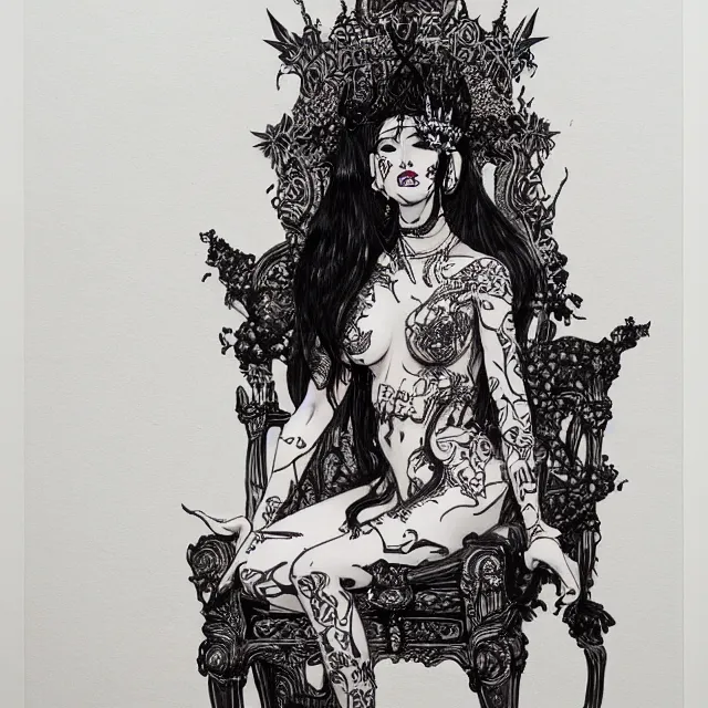 Image similar to salome full figure sitting on throne ink drawing by james jean very detailed high contrast xuan paper