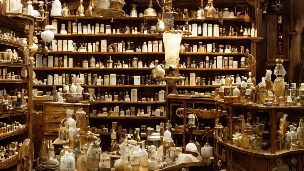 Image similar to 12th century apothecary shop, film still from the movie directed by Denis Villeneuve with art direction by Salvador Dalí, wide lens