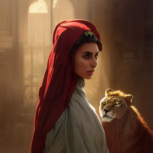 Image similar to a Photorealistic dramatic hyperrealistic render of an arab ameera al taweel, green tan skin, eyes, red hair, white veil, with a pet lion by WLOP,Artgerm,Greg Rutkowski,Alphonse Mucha, Beautiful dynamic dramatic dark moody lighting,shadows,cinematic atmosphere,Artstation,concept design art,Octane render,8K