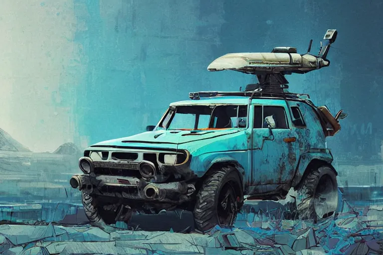 Image similar to digital illustration of a futuristic faded cyan mad max's fj 4 0 decrepit!!!! pursuit special, rusty!!! cyberpunk nissan fj cruiser heavily modded 1 9 9 0 s, the last v 8 interceptor by makoto shinkai, ilya kuvshinov, lois van baarle, rossdraws, basquiat