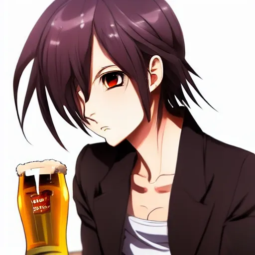 Image similar to Masculine looking anime girl at a bar drinking a beer, warm glow from the lights, angle that looks up at her from below, deviantart, pixiv, detailed face, smug appearance, beautiful anime, obviously drunk with reddish cheeks, detailed anime eyes with pupils, in the style of One Piece