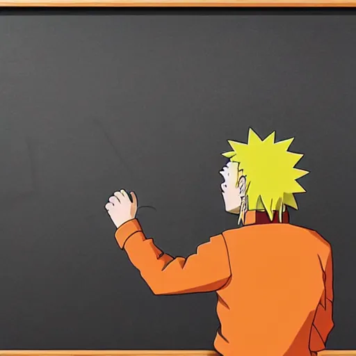 Image similar to Naruto solving quantum gravity on an blackboard, photograph, circa 2050