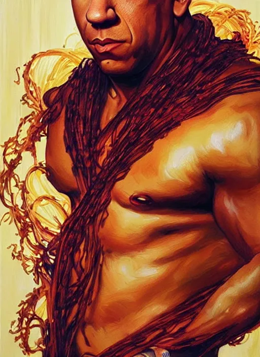 Prompt: vin diesel covered in spaghetti, painting by artgerm and greg rutkowski and alphonse mucha