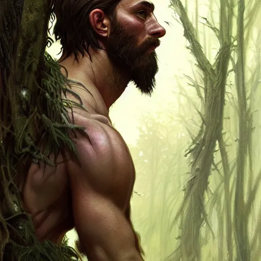 Prompt: back portrait of a rugged ranger in the forest, full body, muscular, hairy, forest, D&D, fantasy, intricate, elegant, highly detailed, digital painting, artstation, concept art, matte, sharp focus, illustration, art by Artgerm and Greg Rutkowski and Alphonse Mucha