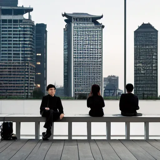 Image similar to a small rooftop with a couple of people sitting and watching the view, wearing black modern clothes, modern shanghai bund is on the background, sunset, by gregory crewdson, smog