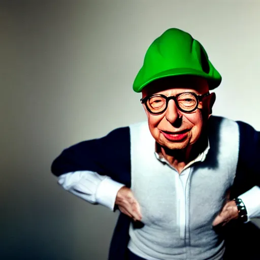 Image similar to uhd candid photo of hyperdetailed klaus schwab dressed as luigi. correct face, cinematic lighting, photo by annie leibowitz, and steve mccurry.