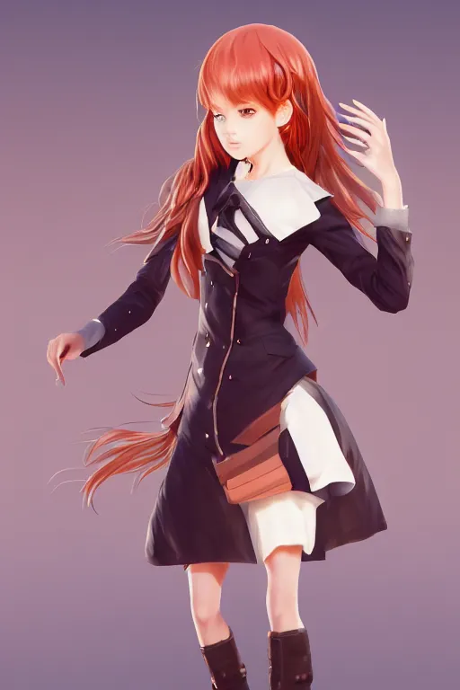 Image similar to Very complcated dynamic composition, realistic anime style at Pixiv, Zbrush sculpt colored, Octane render in Maya and Houdini VFX, young redhead girl in motion, wearing jacket and skirt, silky hair, black stunning deep eyes. By ilya kuvshinov, krenz cushart, Greg Rutkowski, trending on artstation. Amazing textured brush strokes. Cinematic dramatic soft volumetric studio lighting