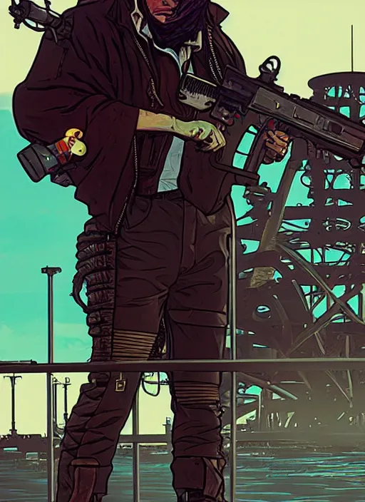 Prompt: hector. cyberpunk cartel assassin on skiff. oil rig in the background. portrait illustration, pop art, art by ashley wood, alphonse mucha, laurie greasley and josan gonzalez. cinematic. dynamic lighting. realistic proportions. creative design. cell shading