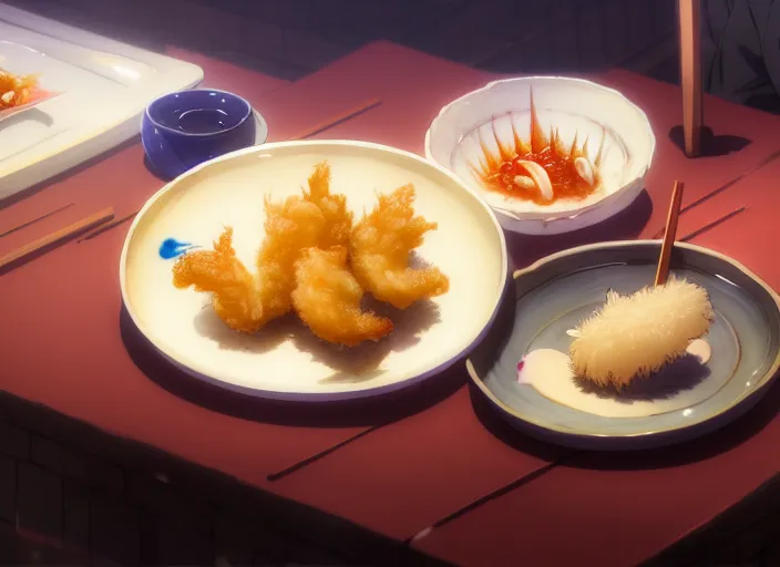 Image similar to a film still portrait of a plate with japanese food tempura, finely detailed features, closeup at the food, perfect art, at a dinner table, gapmoe yandere grimdark, trending on pixiv fanbox, painted by greg rutkowski makoto shinkai takashi takeuchi studio ghibli, akihiko yoshida