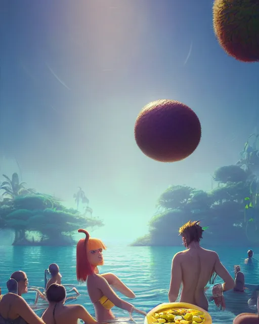 Image similar to highly detailed surreal vfx portrait of an anthropomorphic lemon pool party, stephen bliss, unreal engine, greg rutkowski, loish, rhads, beeple, makoto shinkai and lois van baarle, ilya kuvshinov, rossdraws, tom bagshaw, global illumination, detailed and intricate environment