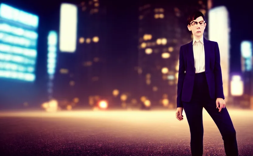 Image similar to a wide shot of a woman with a wool suit, very short hair, blurred face, wearing an omega speedmaster on her wrist in front of a crowded dystopian city full of people walking at night with fog and cyberpunk lights