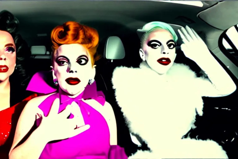 Image similar to lady gaga and judy garland doing carpool karaoke, lady gaga and judy garland, carpool karaoke, lady gaga, judy garland, carpool karaoke, youtube video screenshot, the late late show with james corden