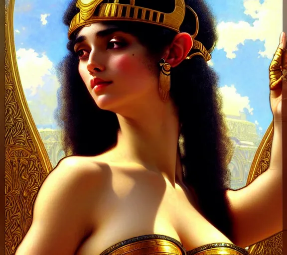 Image similar to photography of sensual cleopatra with hands - up and hairy armpits, deep focus, intricate, elegant, highly detailed, digital painting, artstation, concept art, matte, sharp focus, illustration, art by artgerm and greg rutkowski and alphonse mucha and gil elvgren