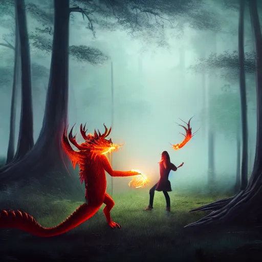 Prompt: fire magician fighting a monster in a misty forest, highly detailed, wlop style, artstation, soft light, sharp focus, illustration