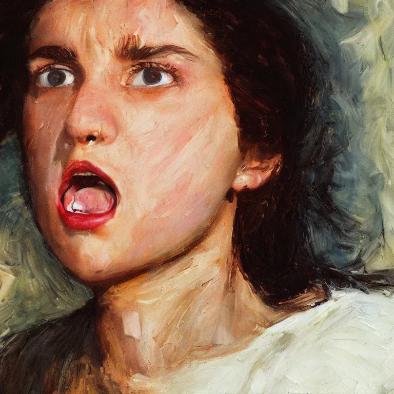 Image similar to warmly lit close up studio portrait of young angry! teenage Elaine Benes angrily singing, impasto oil painting thick brushstrokes by Cy Twombly and Anselm Kiefer , trending on artstation dramatic lighting Expressionism