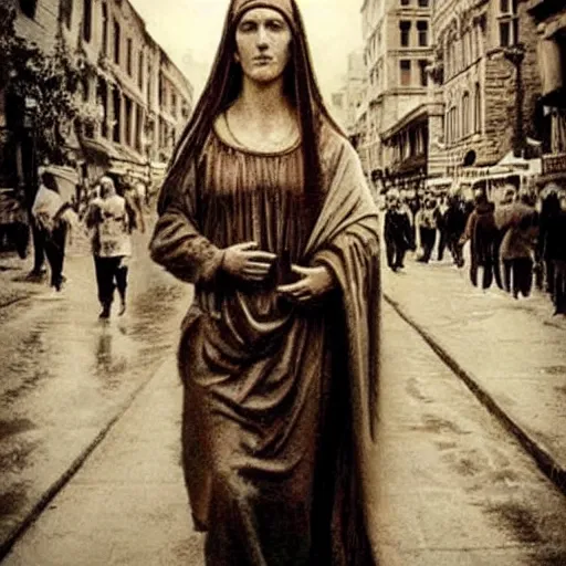 Image similar to amazing photo of mary magdalene in real life, walking in a city street