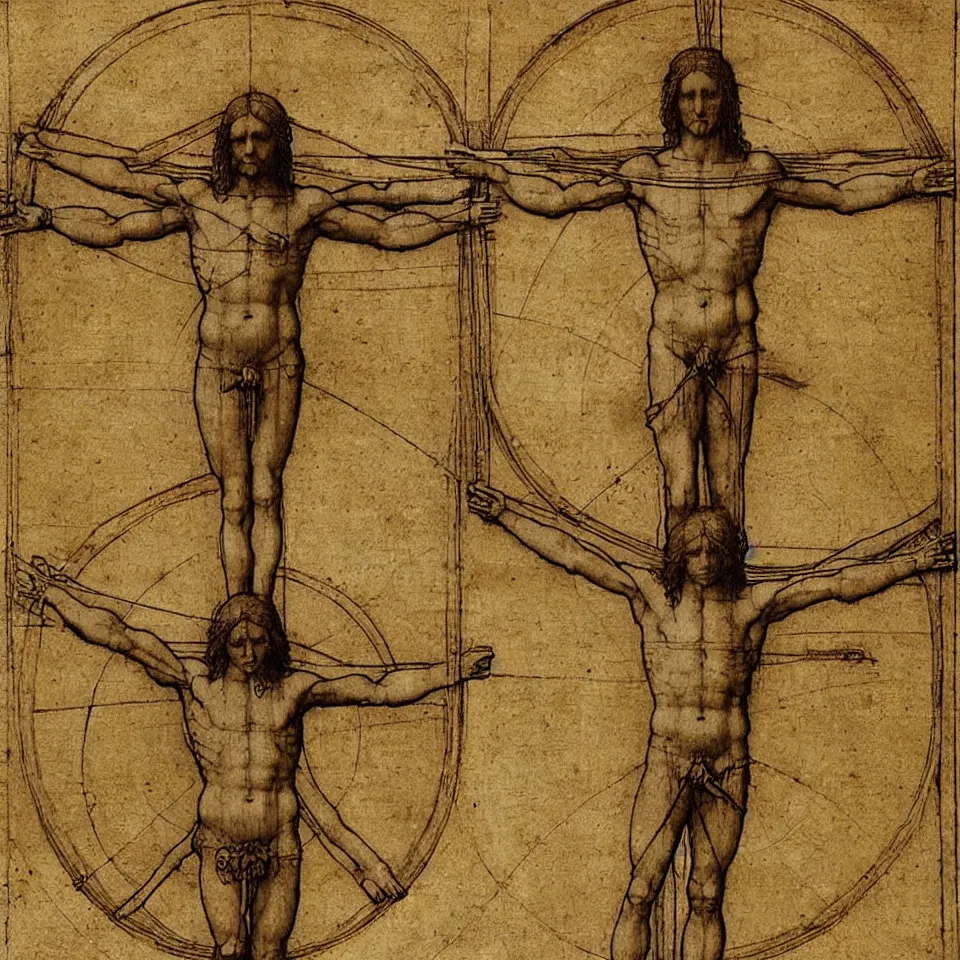 Prompt: Leonardo da Vinci's Vitruvian Man crucified on a cross, full body