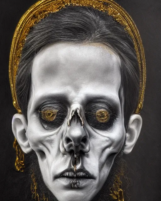 Image similar to realistic portrait of a dead man, dark art, gold, silver ornaments, facing camera, photo realistic, detailed, 1 4 5 0, delicate, hyper realism, ultra realistic, 8 k