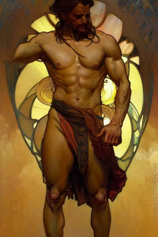 Image similar to A man wearing golden clothes, muscular, fantasy, painting by greg rutkowski and alphonse mucha