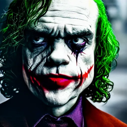 Image similar to stunning awe inspiring peter dinklage as the joker, movie still 8 k hdr atmospheric lighting