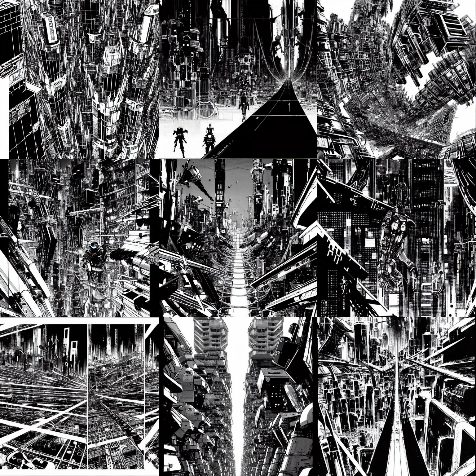 Prompt: dimantled disassembled cyborgs on bridges and pipes walk huge cybernetic mega city in space, black and white, by nihei tsutomu