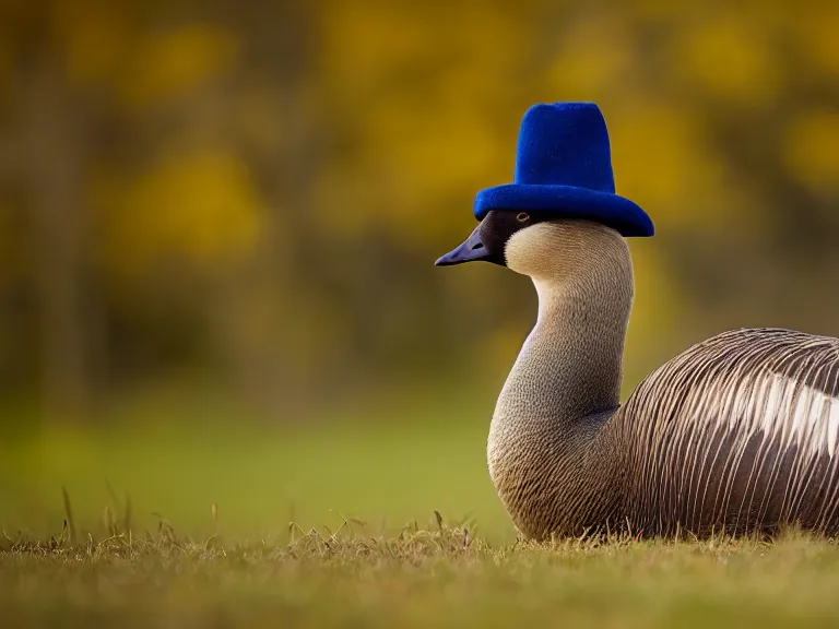 Prompt: Canadian Goose with a funny hat, Portrait Photo, Photorealistic, 100mm lens, Nat Geo Award Winner, 8k, UHD, bokeh, out of focus