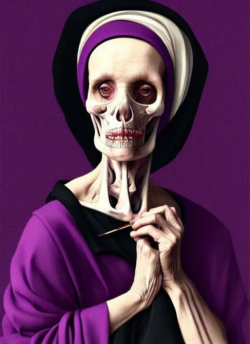 Prompt: portrait of a old year woman with a headscarf a dress of bones and piony snake smoke, purple colour scheme, full length, masterpiece, dark background, art by caravaggio, artstation