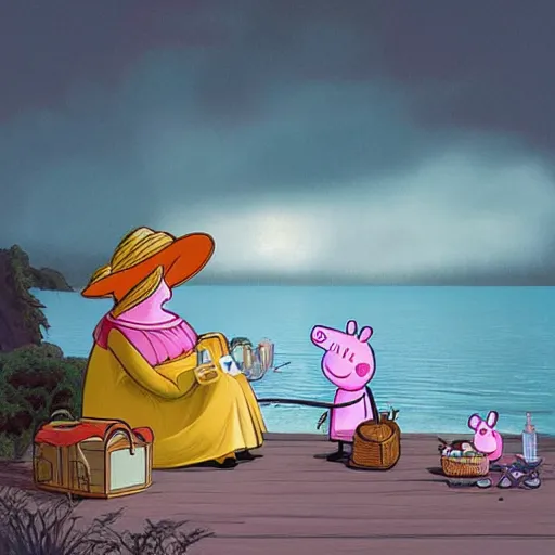 Image similar to Peppa Pig shares a picnic with the Moomins in front of the sea. The Moomins are very numerous and include Moomintroll and Moominpappa. Elegant, intricate, digital painting, artstation, concept art, smooth, sharp focus, illustration, art by artgerm and greg rutkowski and alphonse mucha