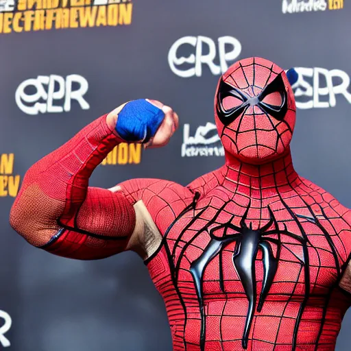 Image similar to dwayne johnson promo on ring wearing spiderman costumes