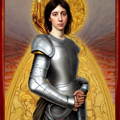 Image similar to portrait of charlotte gainsbourg as joan of arc in armor, hyperreal digital painting, iconography influenced by alphonse mucha and eugene delacroix, arstation and deviantart trends, high resolution 8 k