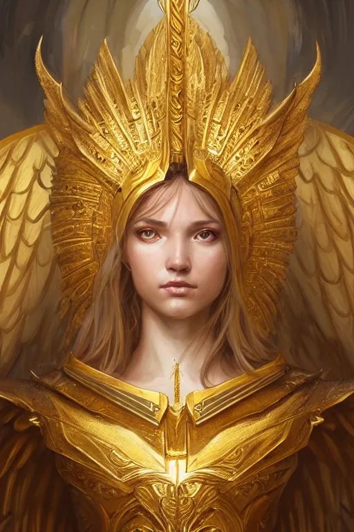 Prompt: portrait of a young beautiful Saint Celestine, intricate golden armor with angel wings, Warhammer-inspired, fantasy, intricate, beautiful eyes, realistic, cinematic lighting, highly detailed, digital painting, Artstation, concept art, smooth, sharp focus, illustration, art by Artgerm and Greg Rutkowski and Alphonse Mucha