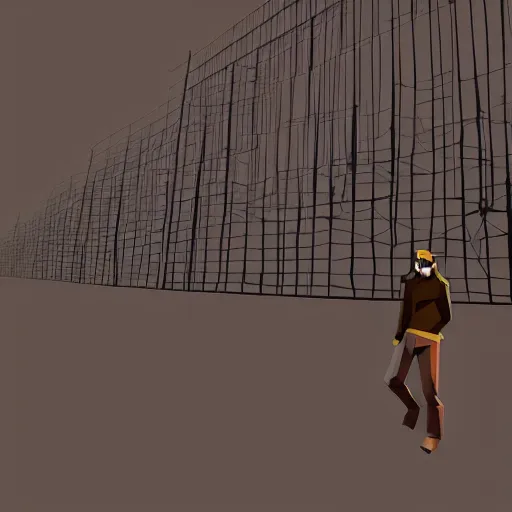 Image similar to a high wire fence looming over a man, low poly, dystopian art, 2 d game art