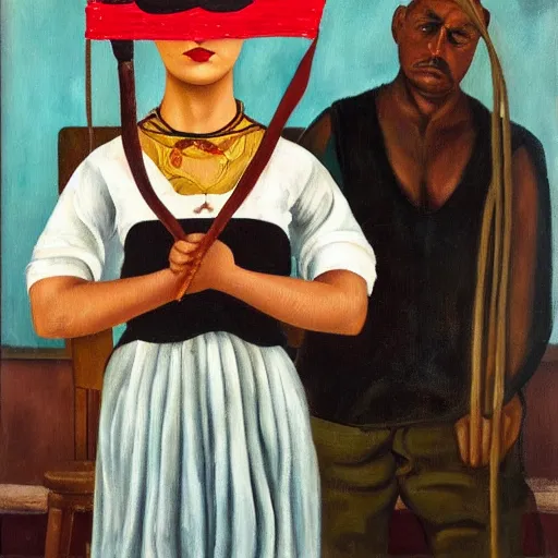 Prompt: oil painting of Frida kahlo standing and holding a knife next to a blindfolded man tied to a chair