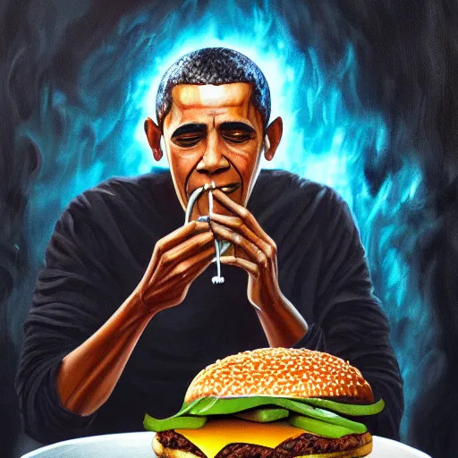 Prompt: intricate oil painting of barrack obama eating a cheese burger sitting on the iron throne, surrounded by his dragons, concept art, intricate, highly detailed, omnious atmosphere, trending on artstation