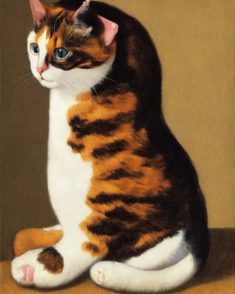 Image similar to studio portrait of a calico cat by vermeer.