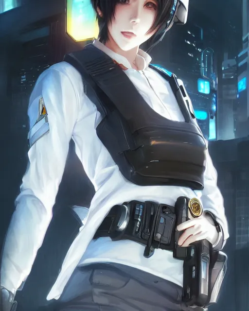 Image similar to anime key visual of a young female police officer, neon, cyberpunk, futuristic, white clothing, black vest, stunning, highly detailed, digital painting, artstation, smooth, soft focus, illustration, art by artgerm and greg rutkowski and alphonse mucha