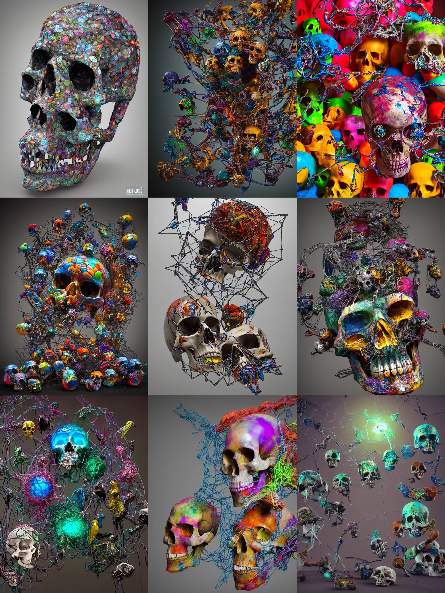 Prompt: art sculpture of skulls and web and bird made with colorful glass, gallery, studio lighting, extreme details, unreal engine, 8k, masterpiece