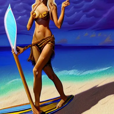 Image similar to a fantasy painting on oil of a beautiful female tiger striped tabaxi surfer druid carrying a wooden surfboard on a sandy beach in the Maldives, artstation, andrei riabovitchev, nuri iyem, james gurney, james jean, greg rutkowski, highly detailed, Rossdraws, Bluesssatan, Mandy Jurgens, Stjepan Sejic