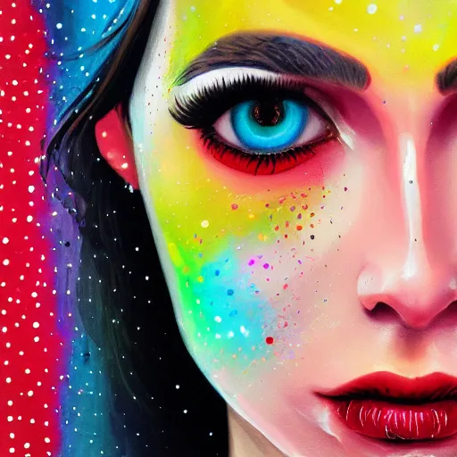 Prompt: beautiful face of girl in style spotty pointism with three eyes, super bright colors, colored spots, mixed liquid acrylic, painting come to life, artstation, ultradetail