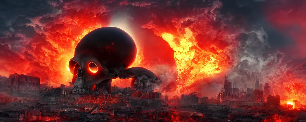 Image similar to extreme nuclear explosion with a mushroom cloud in the shape of a giant skull, destructive shockwave, in a European city, atmospheric, trending on artstation, 4K, subsurface scattering, global illumination, raytracing, cinematic lighting, UHD, HDR