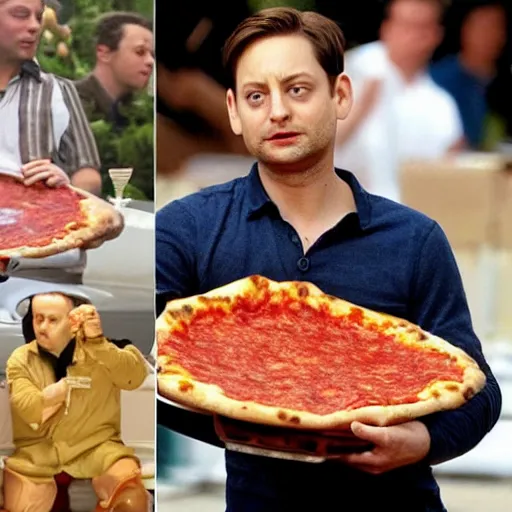 Prompt: tobey maguire eating the biggest pizza in the world