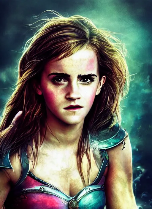 Image similar to hyper realistic photo of warrior pincess emma watson, full body, rule of thirds, conceptart, saturated colors, cinematic,