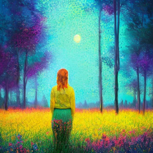 Prompt: flower face, girl standing in flower field, surreal photography, big trees, sunrise dramatic light, impressionist painting, colorful clouds, digital painting, pointillism, artstation, simon stalenhag