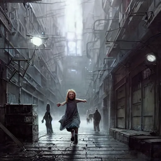 Prompt: sadie sink quickly runs by us ( in oversized hoodie ) away from a massive scary robot running to us | background : alleyway near decaying tenements. concept art for scifi dystopian film. by nikolay makovsky, bob byerley, wadim kashin, andrea kowch. cinematic moody atmosphere, detailed and intricate, perfect anatomy