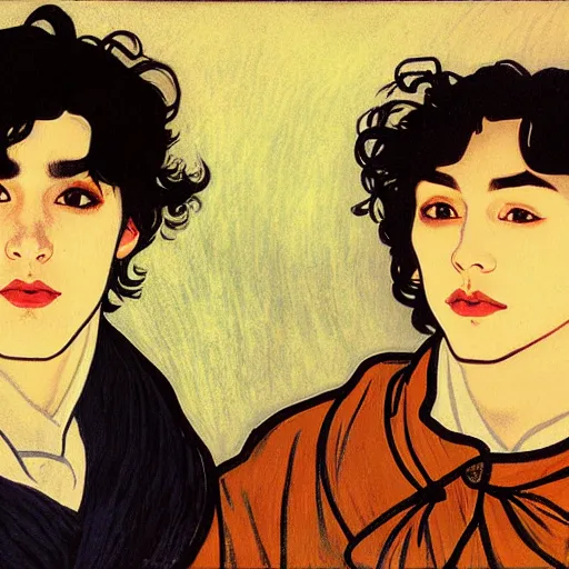 Image similar to painting of young cute handsome beautiful dark medium wavy hair man in his 2 0 s named shadow taehyung and cute handsome beautiful min - jun together at the halloween witchcraft party with bubbling cauldron, melancholy, autumn colors, elegant, ritual, painting, stylized, soft facial features, delicate facial features, art by alphonse mucha, vincent van gogh, egon schiele