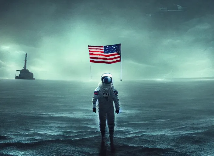 Image similar to astronaut holding a flag in an underwater desert. a submarine is visible in the distance. dark, concept art, cinematic, dramatic, atmospheric, 8 k, trending on artstation, blue, fish, low visibility, fog, ocean floor, christopher nolan, interstellar