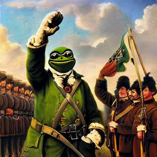 Image similar to pepe the frog saluting prussians soldiers in 1864, expressive oil painting