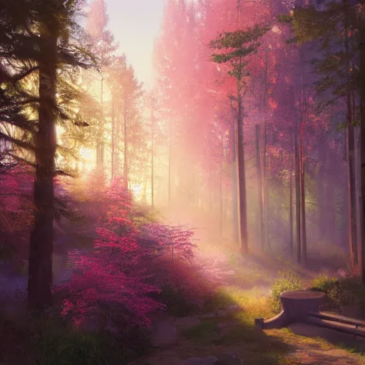 Image similar to solace hermatige cottage peaceful clouds beautiful woods trees pine, nice view, gradient of pink and blue, mystical realistic poster with shaded lighting by craig mallismo, artgerm, jeremy lipkin and michael garmash, unreal engine, radiant light, detailed and complex environment city utopia