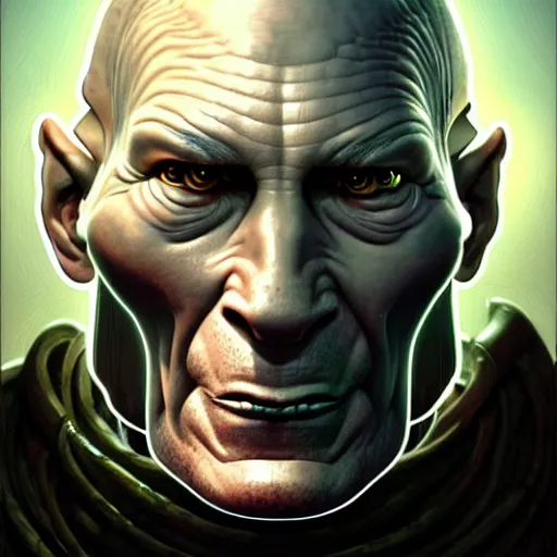 Image similar to portrait painting of a cyberpunk orc doctor who looks like patrick stewart, ultra realistic, concept art, intricate details, eerie, highly detailed, photorealistic, octane render, 8 k, unreal engine. art by artgerm and greg staples and elsa beskow and brian froud and jessica rossier